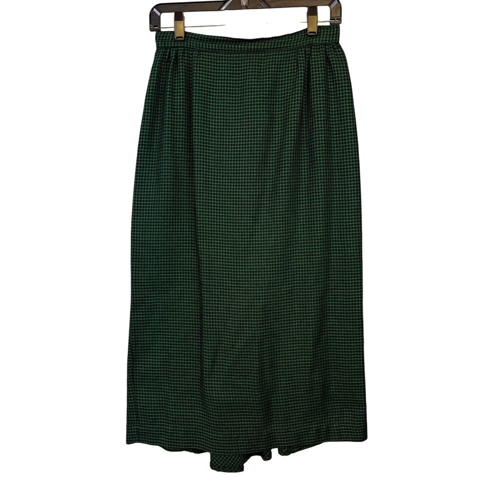 Platinum Dorothy Schoelen Green Black Houndstooth Skirt Vintage Size 8 Midi Wool
